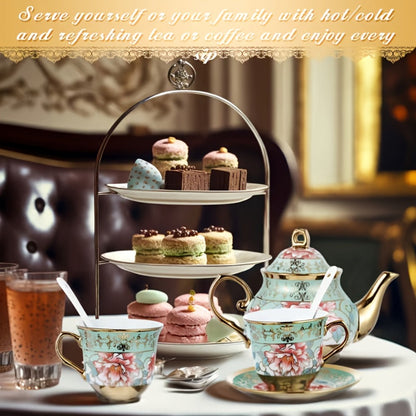 European Floral Ceramic Tea Set 20 Pcs – Italian Style Afternoon Tea Set with Metal Stand – Blooming Pattern Teapot & Cups