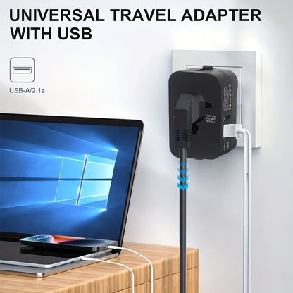 Universal Travel Adapter with Surge Protection - 2 USB & Type-C Ports, All-in-One International Plug for 350+ Countries