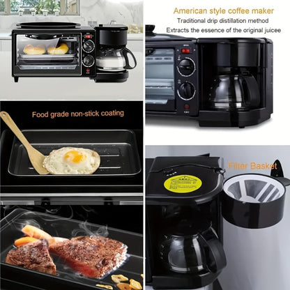 3-in-1 Breakfast Station Maker - Coffee Maker + Toaster + Frying Pan Combo, One-Touch Timing Fast Cooking