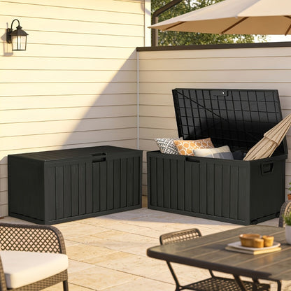 35- or 75-Gallon Outdoor Deck Box with Hinged Lid, Side Grips and Black or Beige Model Options