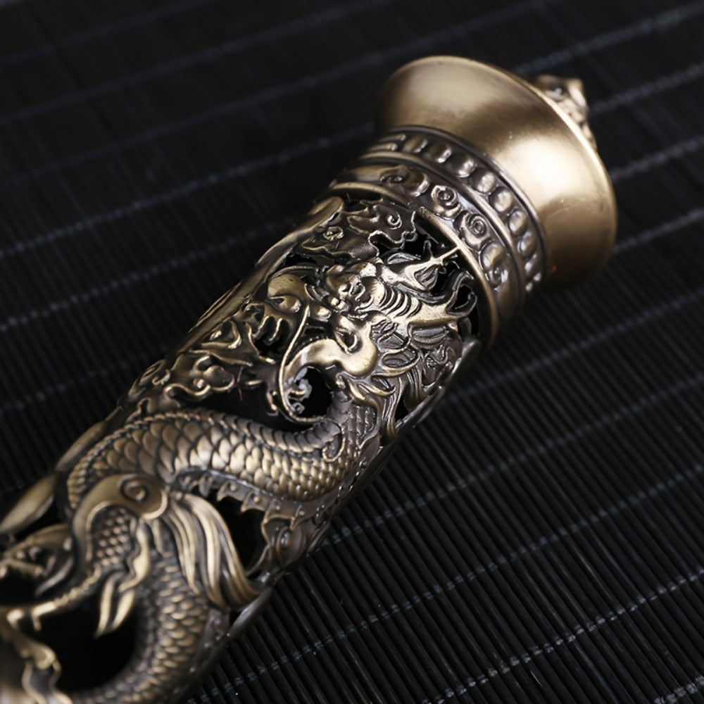 Incense Stick Holder Metal Retro Vertical Design, Dragon & Phoenix Heart Sutra Motif Brass Incense Burner Stand