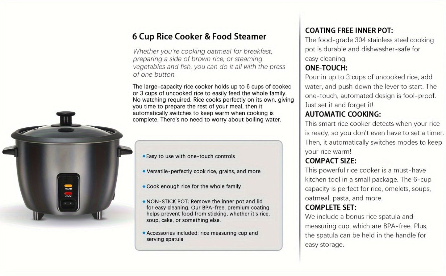 Rice Cooker & Yogurt Maker 1.5Qt, 6-Cup Non-Stick Electric Rice Cooker with Auto Keep, One-Touch