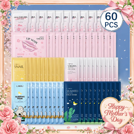 Sheet Mask Set 60 Pieces, Cherry Blossom Lip Masks, Snail Essence, Seaweed & Sleeping Masks with Glycerin