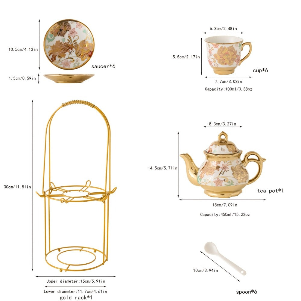 20-Piece Floral Ceramic Tea Set with Saucers & Metal Stand, European Afternoon Tea Service, Blooming Design