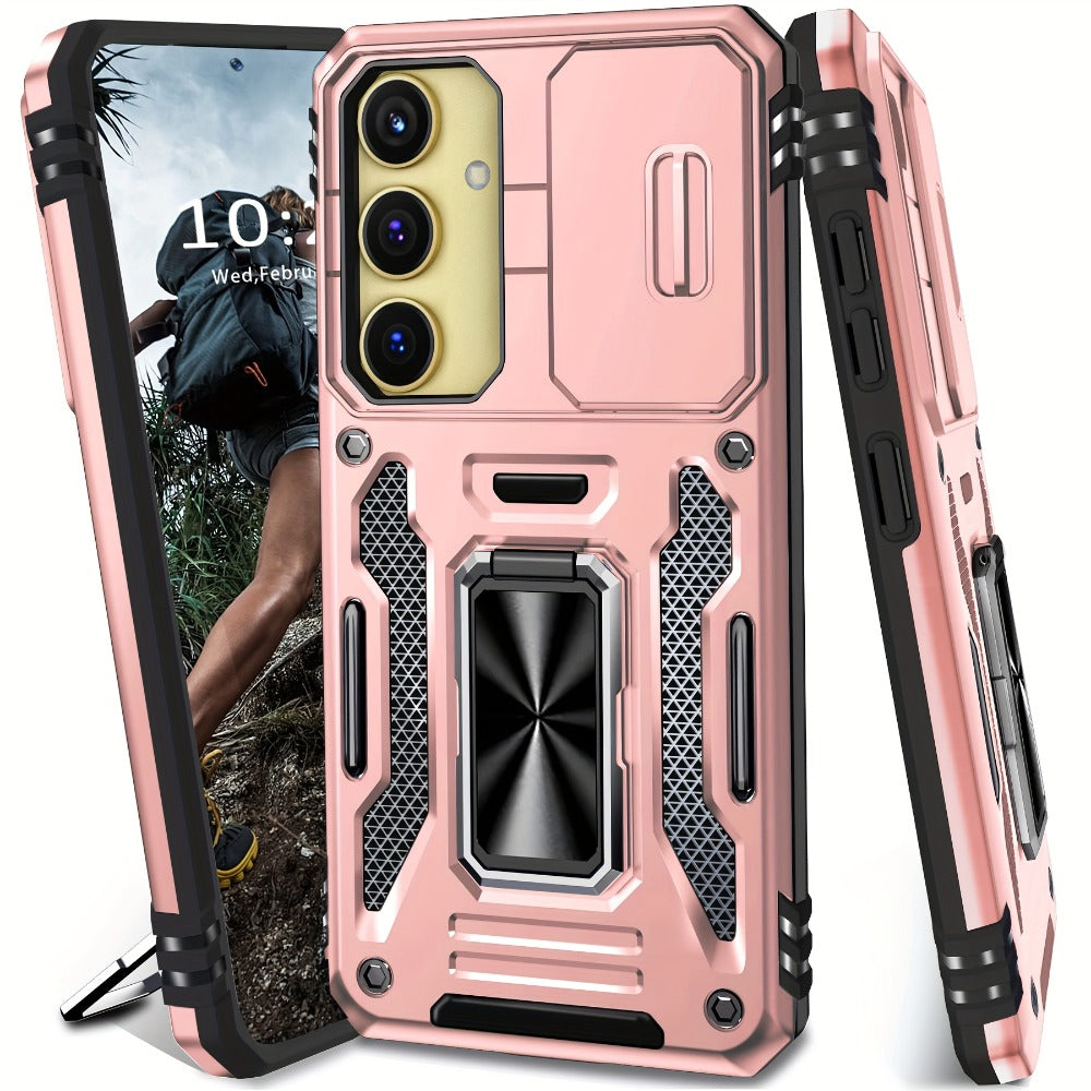 Samsung Galaxy Shockproof Magnetic Phone Case with 360° Rotating Ring Bracket & Sliding Lens Protector – Heavy Duty Cover for S24FE S23FE