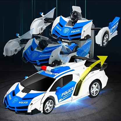 Spider Robot RC Car for Kids 1:18 with LED Lights, One-Button Transform Police Car Stunt Toy
