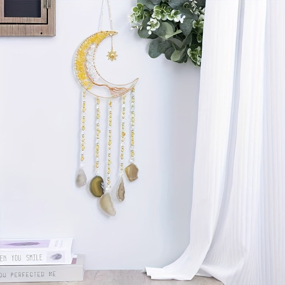 Dreamcatcher Moon Suncatcher Wall Hanging, Handmade Boho Wind Chime Pendant for Indoor Outdoor Garden