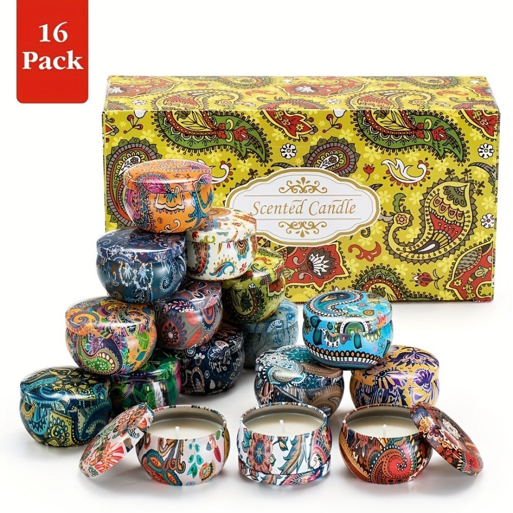 16-Piece Decorated Tin Candle Gift Set with Assorted Scent Labels and Pictured 2.5 oz Size
