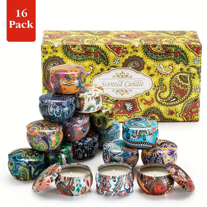 16-Piece Decorated Tin Candle Gift Set with Assorted Scent Labels and Pictured 2.5 oz Size