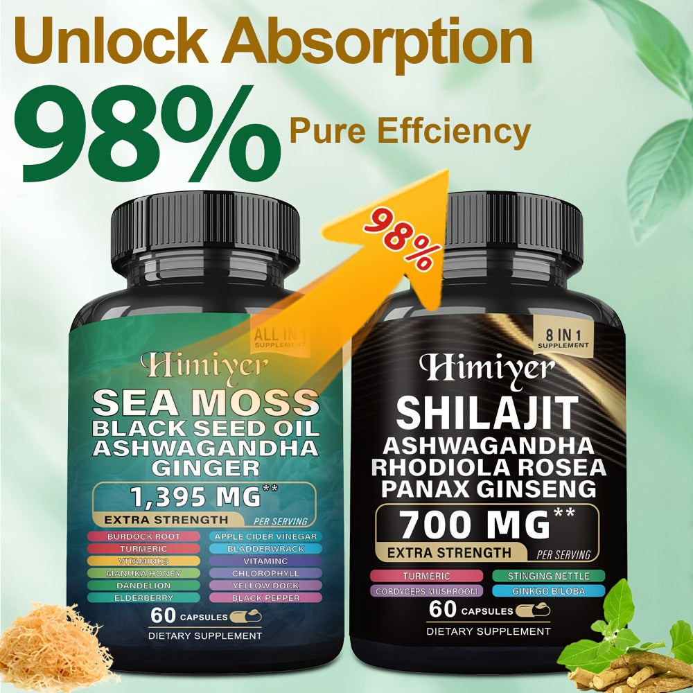 Sea Moss 7000mg & Shilajit Supplement Bundle, Black Seed Oil 4000mg, Ashwagandha 2000mg, Panax Ginseng 1500mg
