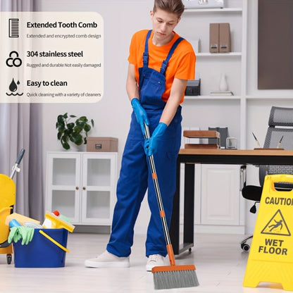 Folding Broom and Dustpan Set with Sectioned Handle, Rotating Head and Nine Blue, Orange or Khaki Checkout Options