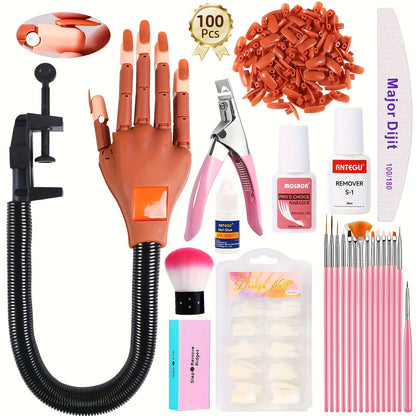 Nail Practice Hand Flexible Fake Hand Model Training Kit for Acrylic Nail Art, Nail Glove Set with Pink Hand