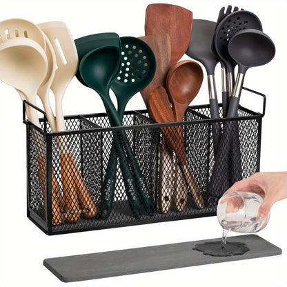 Utensil Kitchen Organizer with Four Mesh Compartments and Removable Diatomaceous Earth Base Insert