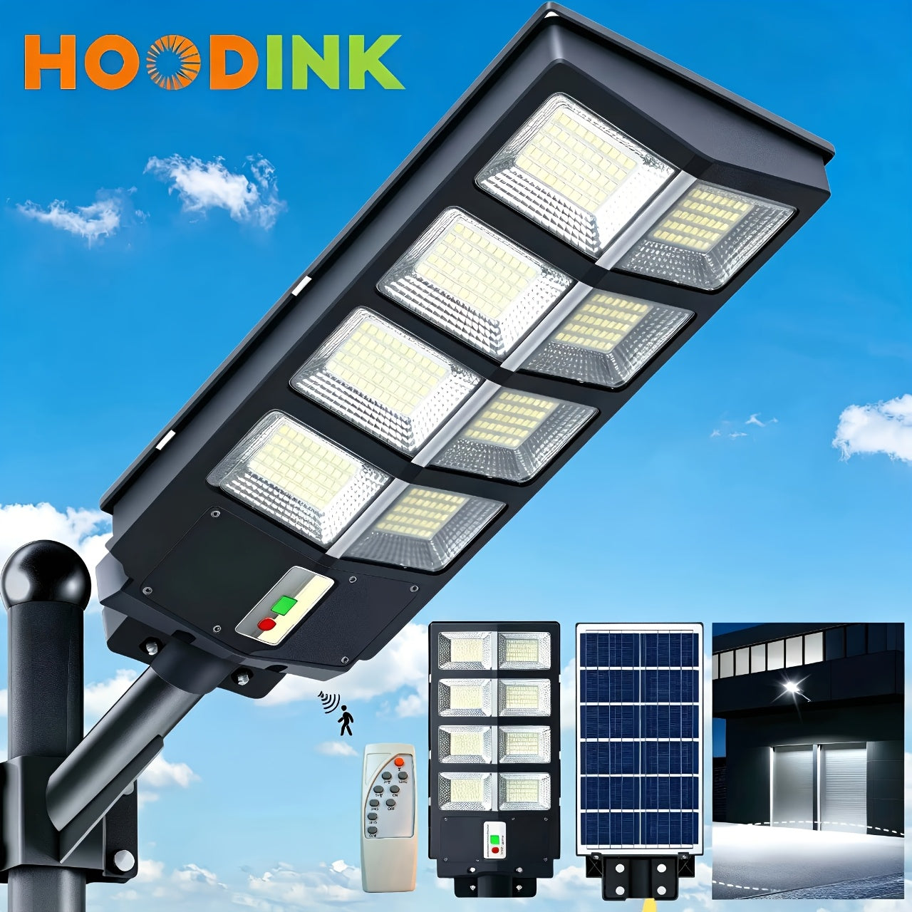 Solar Street Lights Outdoor 800 LED with Motion Sensor, 6500K Dusk to Dawn Flood Light, Remote Control