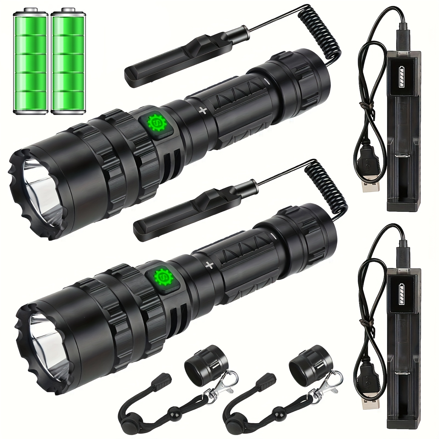 Picatinny Rail Flashlight 2 Pack – High Lumen Tactical Torch, 5 Modes, USB Rechargeable, 20mm Rail Mount, Wrist Strap & Remote Switch