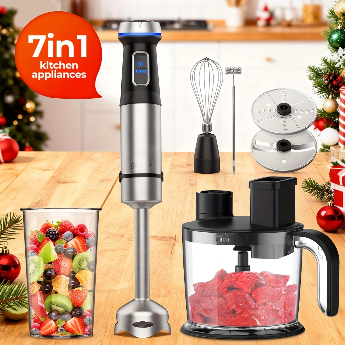 Seven-in-One Immersion Blender Set with 15 Speed Settings, Turbo Control, Chopper, Beaker and Whisks