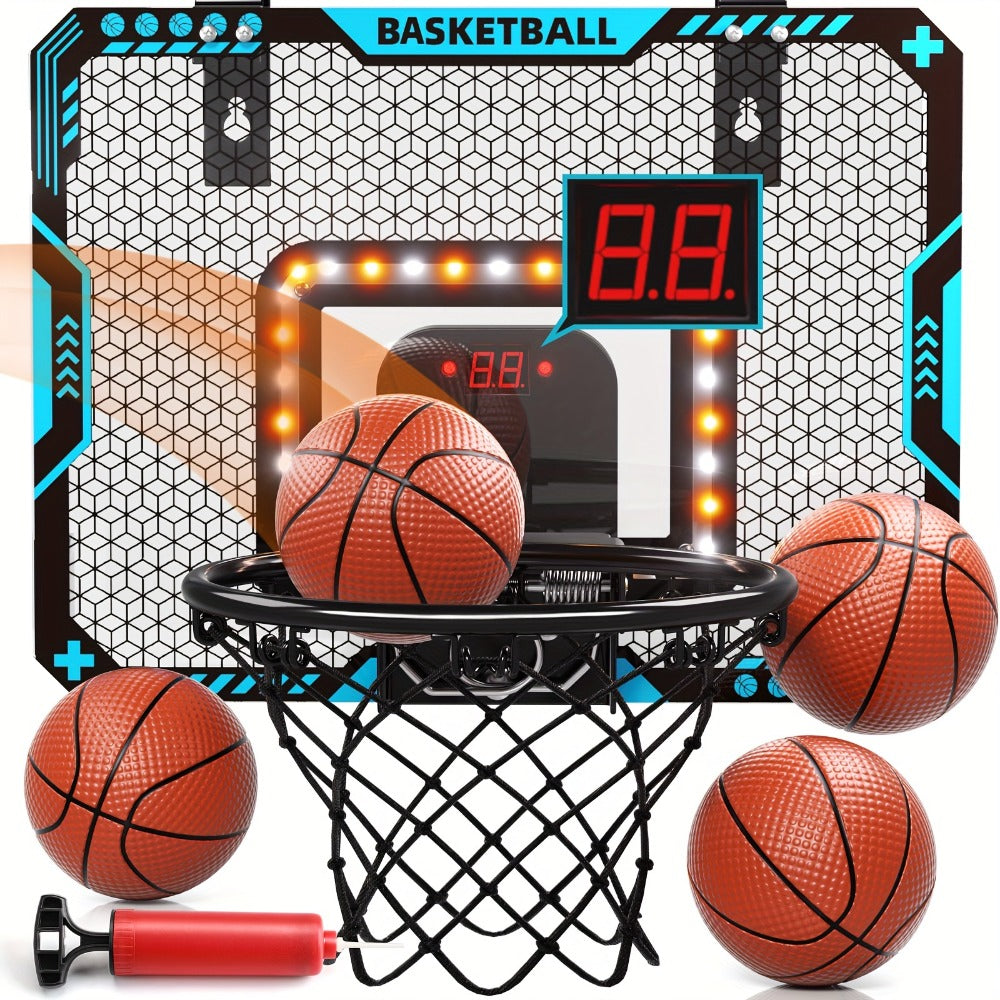 Over Door Basketball Hoop with LED Lights & Electronic Scoreboard, Mini Hoop Set with 4 Balls for Kids Teens Adults