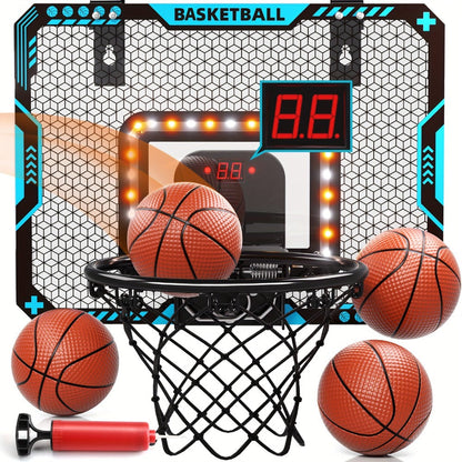 Over Door Basketball Hoop with LED Lights & Electronic Scoreboard, Mini Hoop Set with 4 Balls for Kids Teens Adults