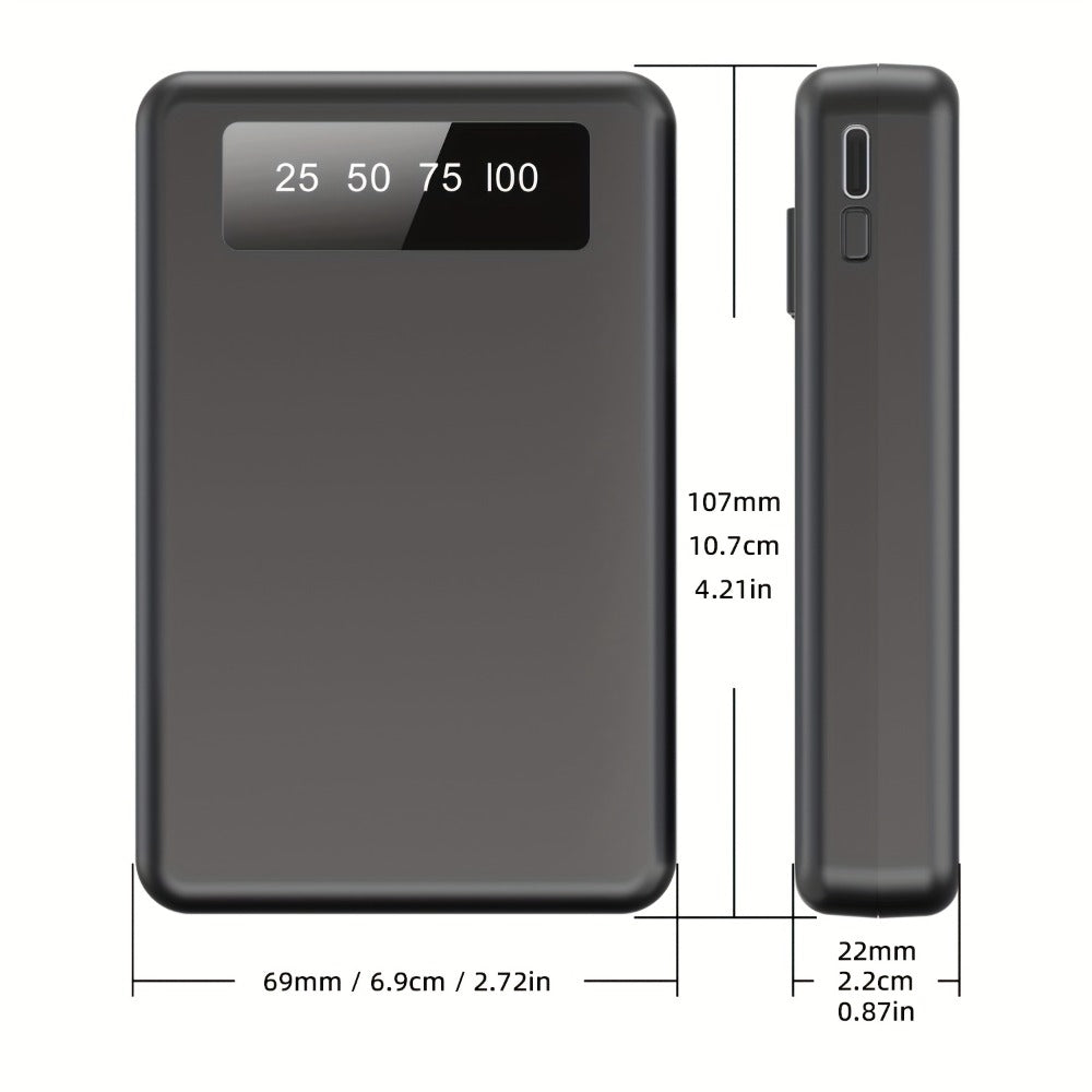 Power Bank Slim 5000mAh or 10000mAh with Built-In USB-C Cable, Four-Device Layout and LED Display