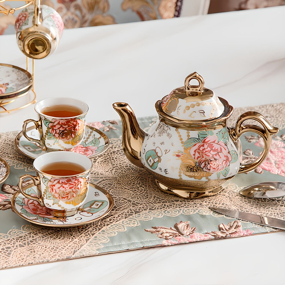 Floral Ceramic Tea Set 20 Pcs – European Porcelain Tea Cups & Saucers with Metal Holder & 15 Oz Teapot – Luxury Arabic Coffee Cup Set