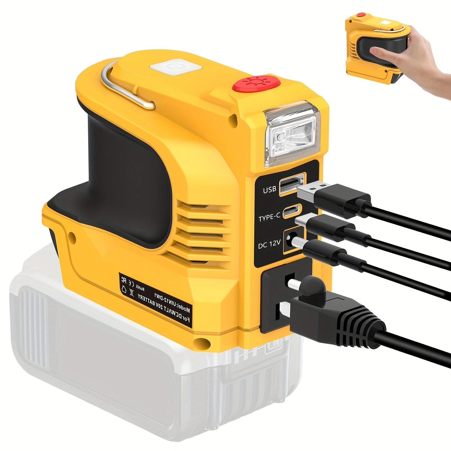 180W Power Inverter Adapter for DeWalt-Style 20V Battery Interface with AC, USB-A, USB-C and LED Light