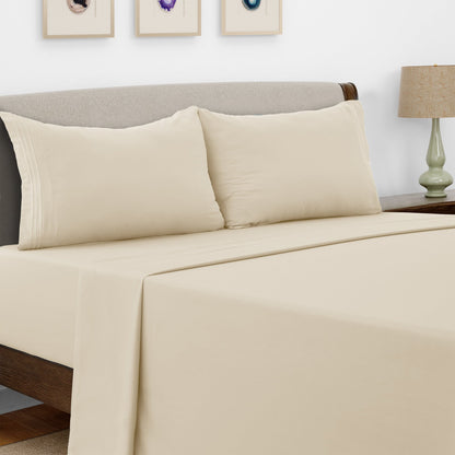 Bed Sheet Set Microfiber with Size-Dependent 3- or 4-Piece Contents and Six specified Bed Dimensions