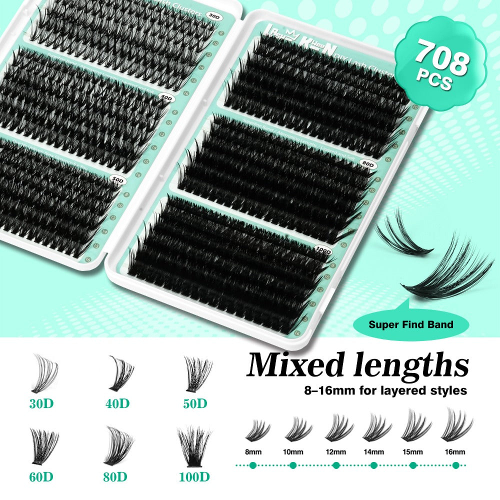 Lash Clusters Kit 708Pcs with Tweezers, Glue & Brush – Soft Silky Fiber False Eyelashes Full Voluminous DIY Lash Extension Set for Party
