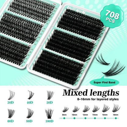 Lash Clusters Kit 708Pcs with Tweezers, Glue & Brush – Soft Silky Fiber False Eyelashes Full Voluminous DIY Lash Extension Set for Party