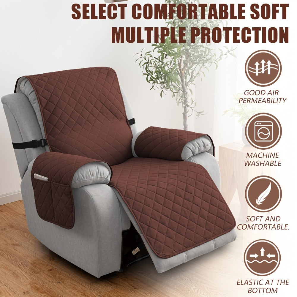 Diamond-Quilted One-Piece Recliner Chair Cover with Side Pocket, Buckle Strap and Eight Colors