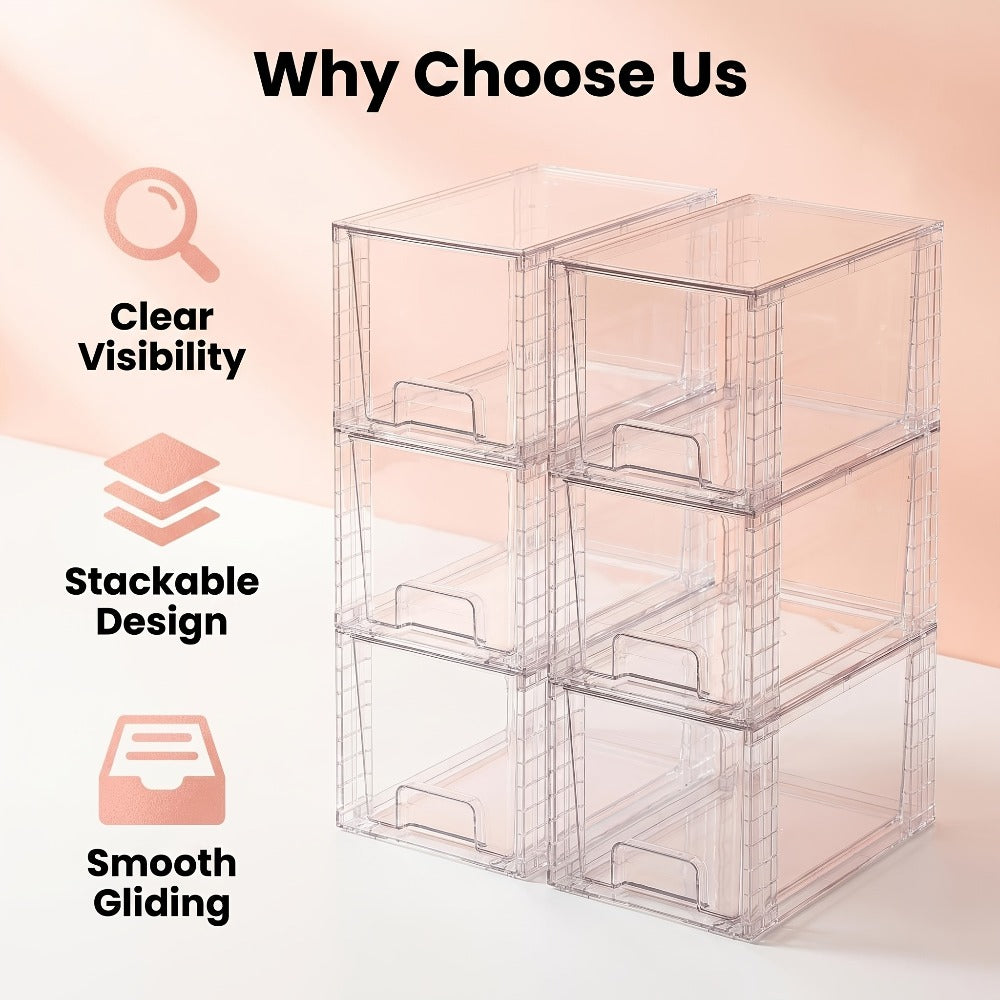 Stackable Storage Drawers Acrylic Drawer Organizer Cabinet | 4/6/8 Packs Plastic Bins for Bathroom Undersink Kitchen Pantry Makeup