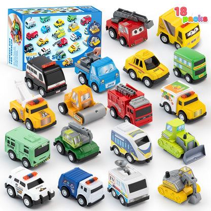 18-Piece Pull Back Mini Cars Set for Kids, City Vehicles Fire Truck Police Car School Bus Freight Train