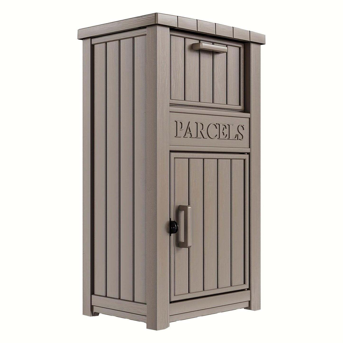 Tall Light-Brown Parcel Outdoor Storage Box with Drop Compartment, Front Door and Lock Hardware