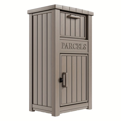 Tall Light-Brown Parcel Outdoor Storage Box with Drop Compartment, Front Door and Lock Hardware