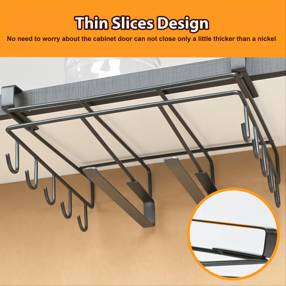 Under Cabinet Organizer Rack with Hooks, Carbon Steel Kitchen Shelf for Utensils, Towels, Cups & Cutting Boards
