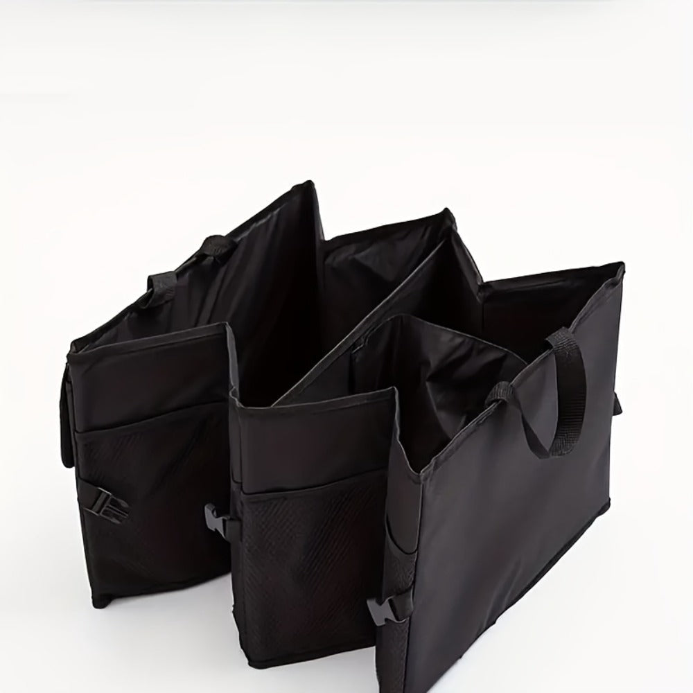 Car Trunk Organizer, Foldable Nylon Cargo Box with Adjustable Securing Straps, Side Pockets and Carry Handles