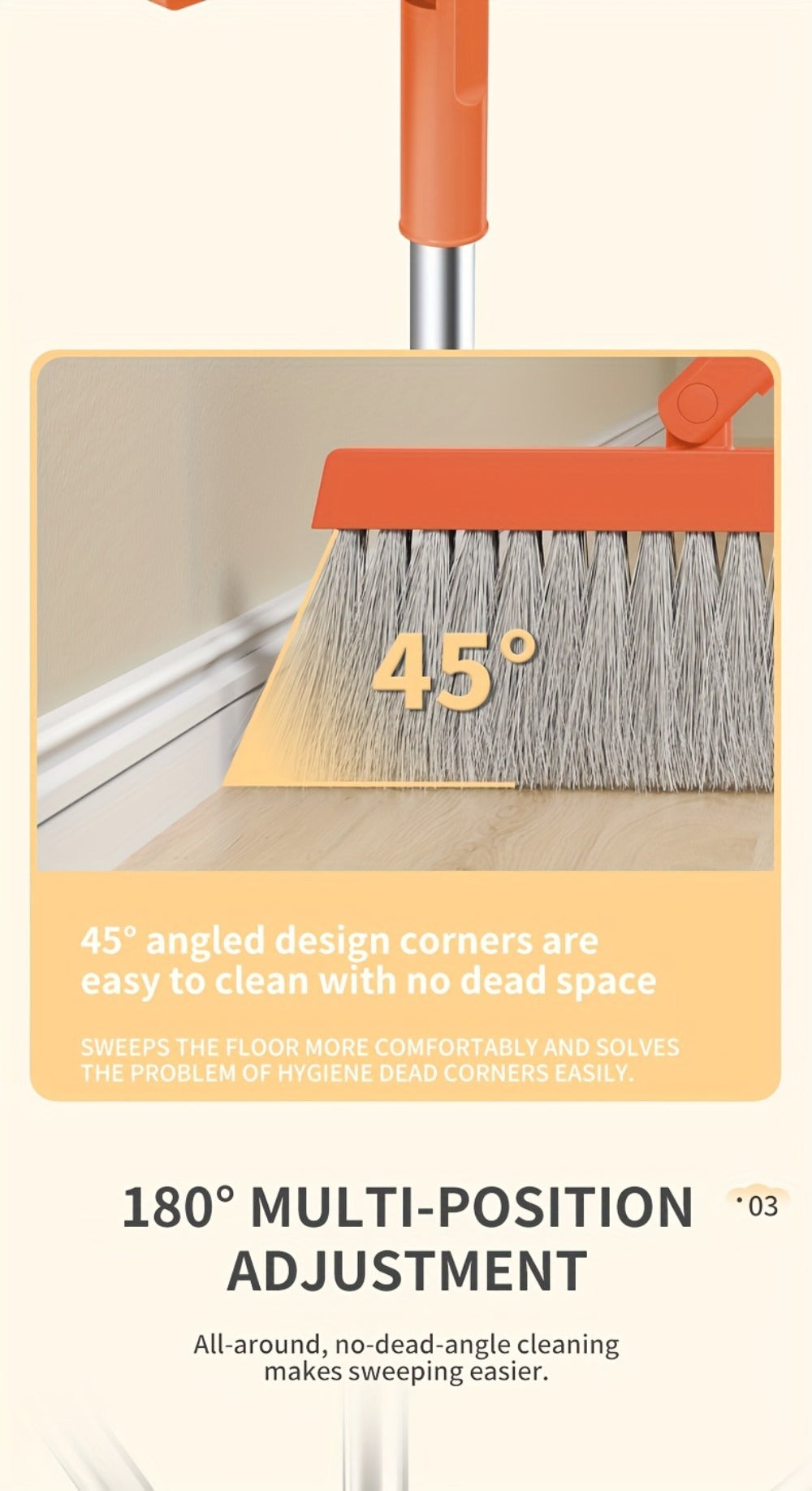 Folding Broom and Dustpan Set with Sectioned Handle, Rotating Head and Nine Blue, Orange or Khaki Checkout Options