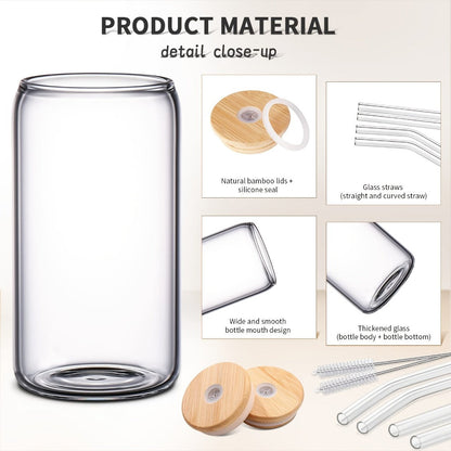 Glass Coffee Cup Drinkware Set, 16oz Clear Cups with Bamboo Lids, Glass Straws and Brushes in 4 to 16 Pieces