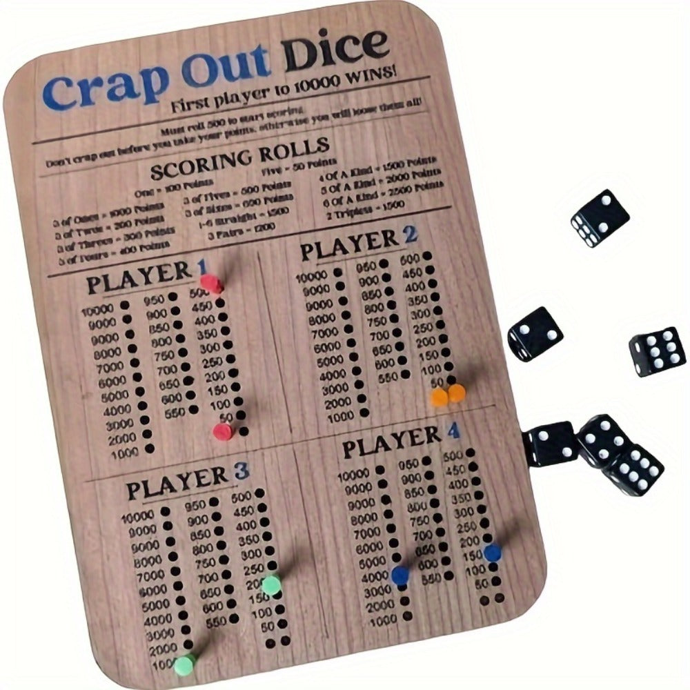 Crap Out Dice Score Board Game 2pcs – 10 Inch Wooden Dice Scoreboard with 6 Dice & 12 Scoring Pegs, Fun Family Dice Game for 1-4 Players