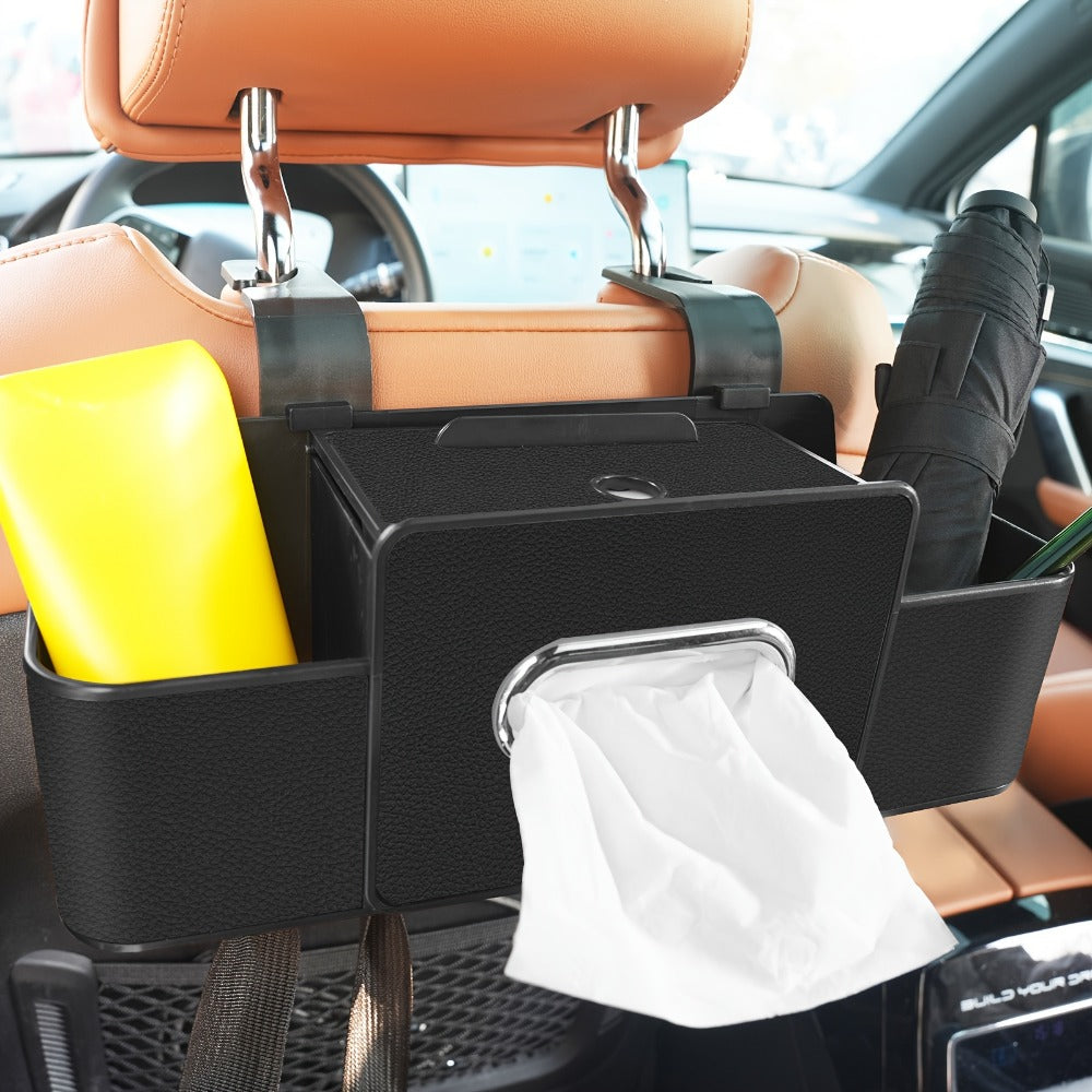 Compact Headrest-Hanging Car Organizer with Two Cup Pockets, Tissue Opening, Hooks and Five Pack Options