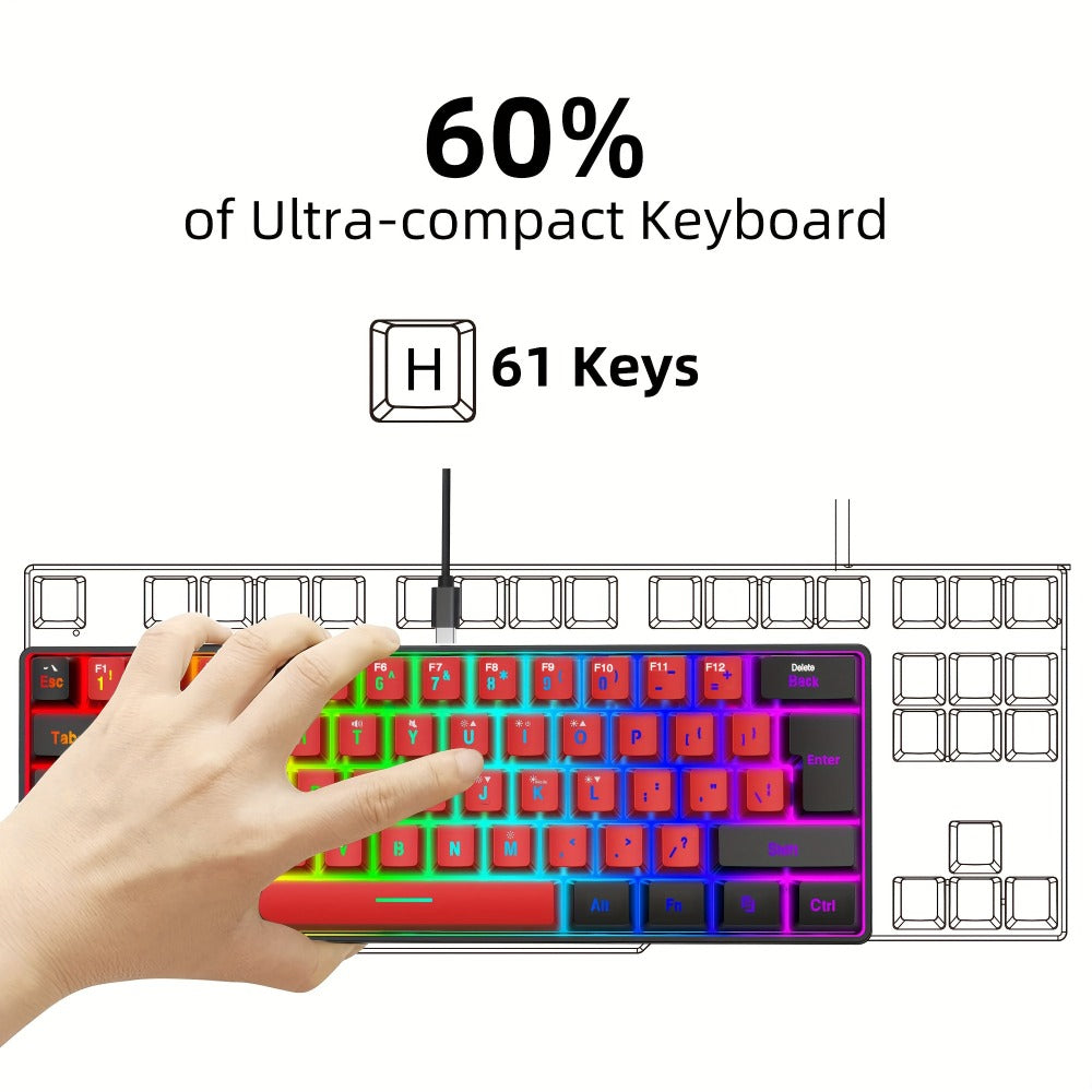 60% Mini Wired Gaming Keyboard SNPURDIRI RGB Backlit Ultra-Compact Film Keys – Space-Saving Tenkeyless Design for PC Gamers