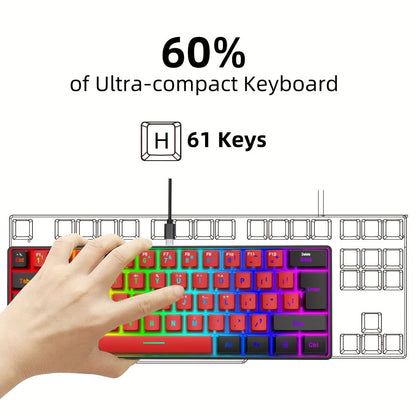 60% Mini Wired Gaming Keyboard SNPURDIRI RGB Backlit Ultra-Compact Film Keys – Space-Saving Tenkeyless Design for PC Gamers