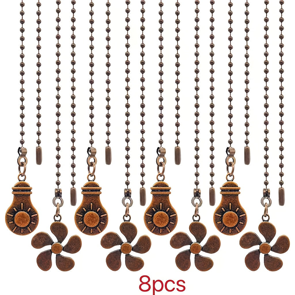 Ceiling Fan Pull Chain Extension Set of 8 – Decorative Bead Chain Pull Cord with Five-Leaf & Bulb Pendants, Iron Chain & Zinc Alloy, Bronze