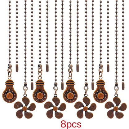 Ceiling Fan Pull Chain Extension Set of 8 – Decorative Bead Chain Pull Cord with Five-Leaf & Bulb Pendants, Iron Chain & Zinc Alloy, Bronze