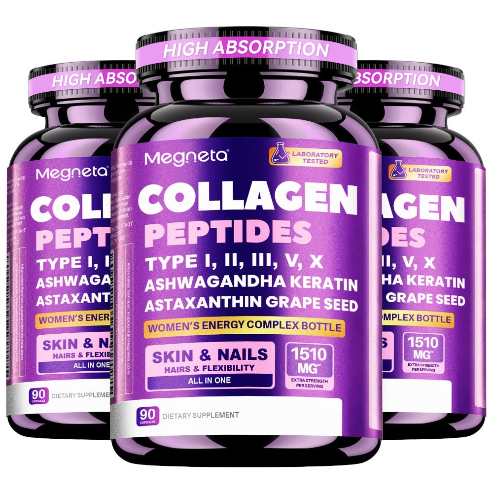Collagen Capsules Type I II III V X with Vitamin C, Hyaluronic Acid & Biotin, Skin Hydration, Elasticity