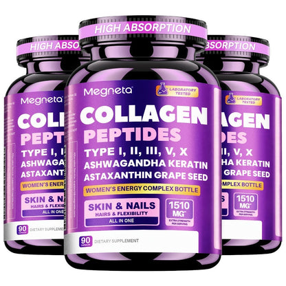 Collagen Capsules Type I II III V X with Vitamin C, Hyaluronic Acid & Biotin, Skin Hydration, Elasticity