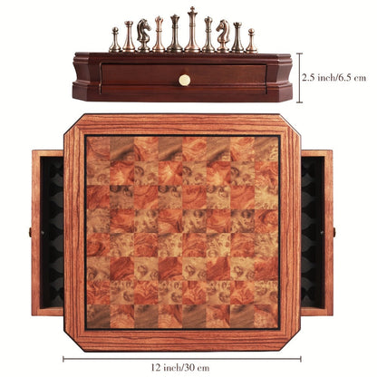 Wooden Chess Set with Metal Pieces & Storage Drawers 12 Inch – 2.5" Kings 2 Extra Queens Vintage Mahogany Board for Adults Beginners