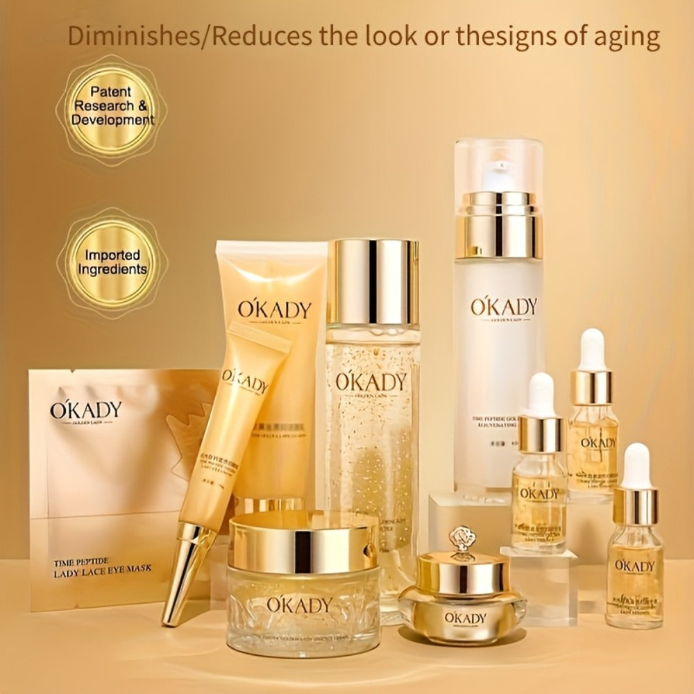 Skincare Set with OKADY Label, 10 Gold-Themed Pieces with Mud Mask Stick and Day Night Product Forms