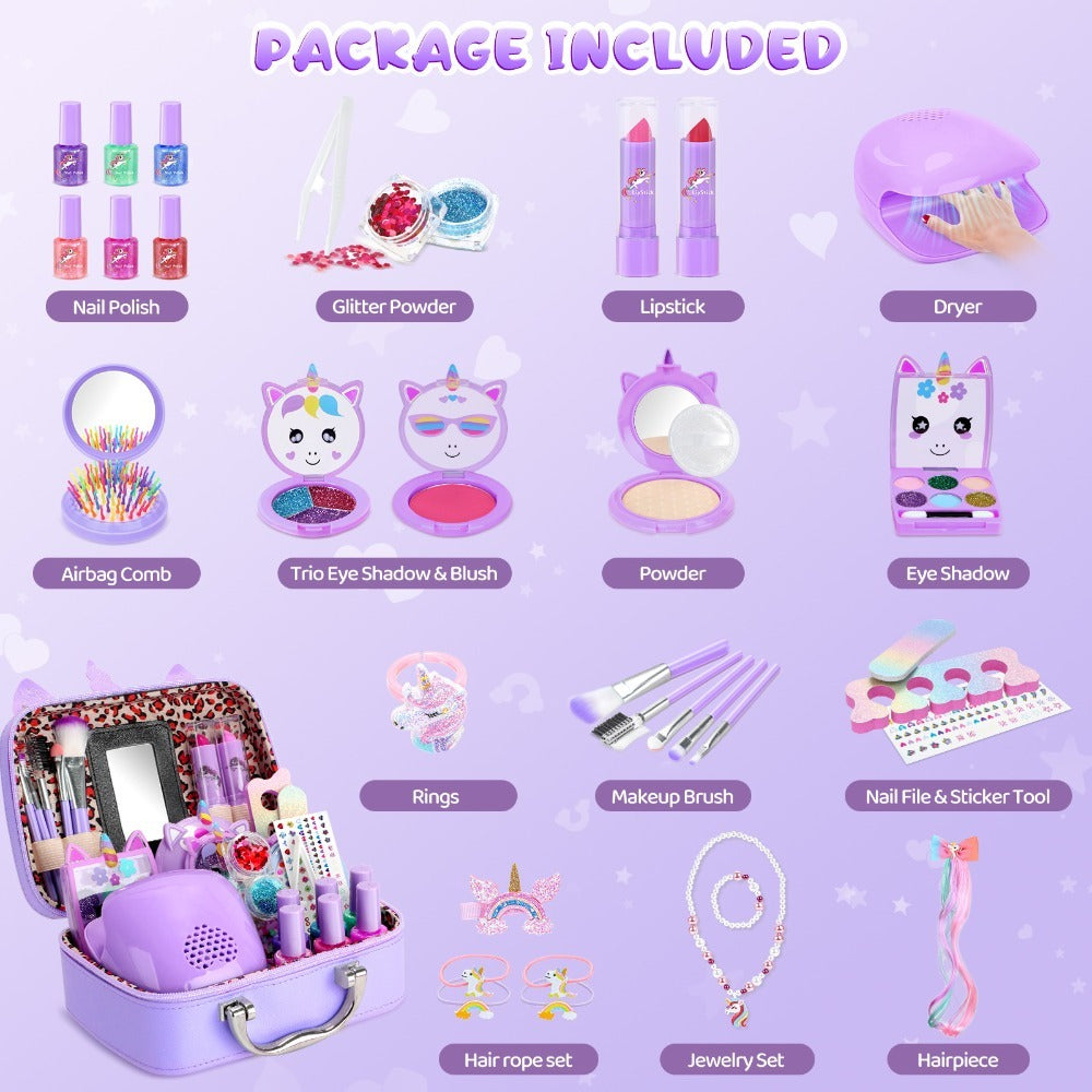 Kids Makeup Set for Girls, 2-in-1 Princess Makeup & Nail Art Kit, Pretend Play Cosmetics with Nail Polish