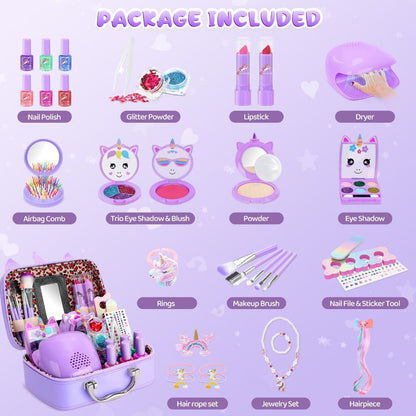 Kids Makeup Set for Girls, 2-in-1 Princess Makeup & Nail Art Kit, Pretend Play Cosmetics with Nail Polish