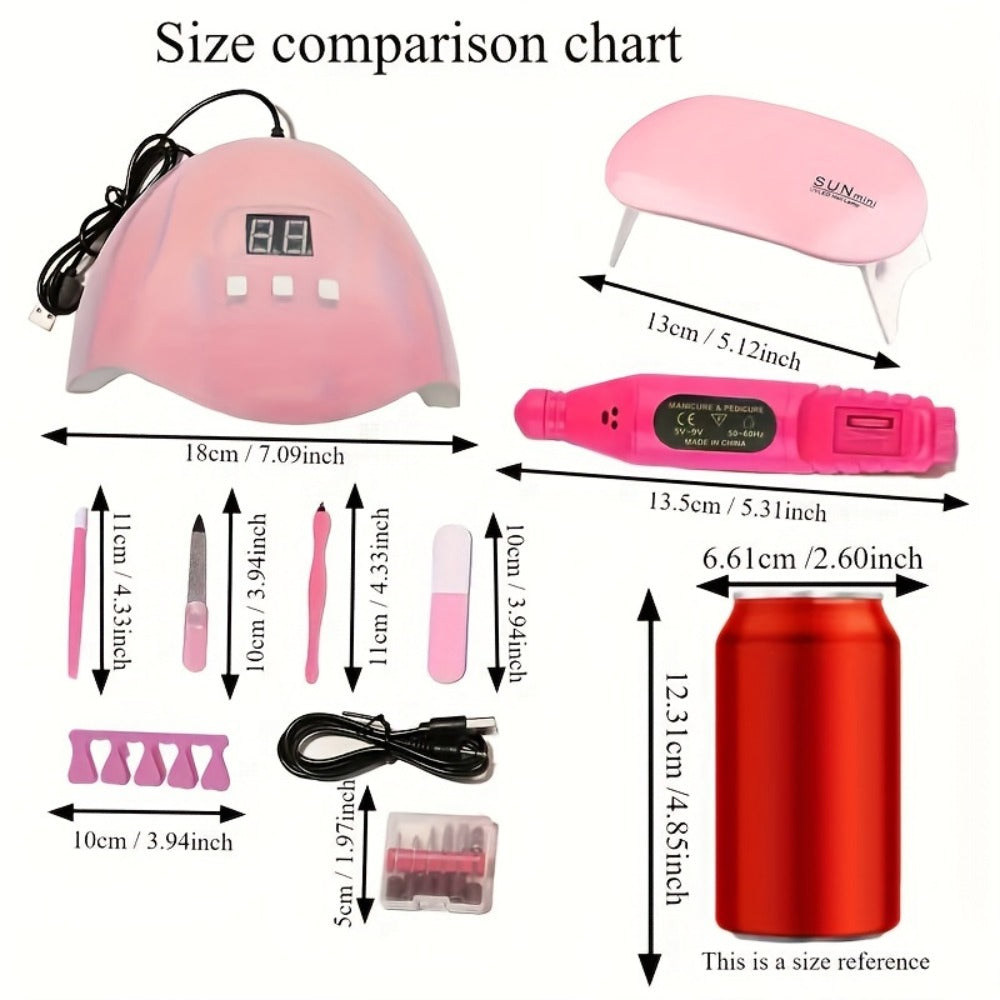 Nail Art Tool Set 7-in-1 Complete Professional Manicure Kit with UV Nail Lamp, Glue Dryer, Nail Polisher